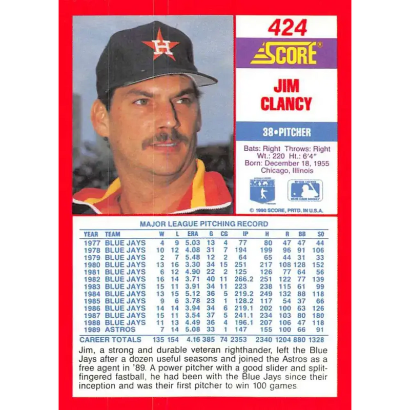 1990 Score #424 Jim Clancy NM-MT Houston Astros Baseball Card - Baseball Card Single