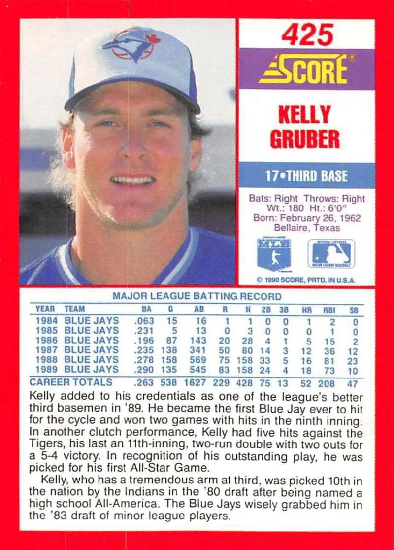 1990 Score #425 Kelly Gruber EX Excellent Toronto Blue Jays Baseball Card