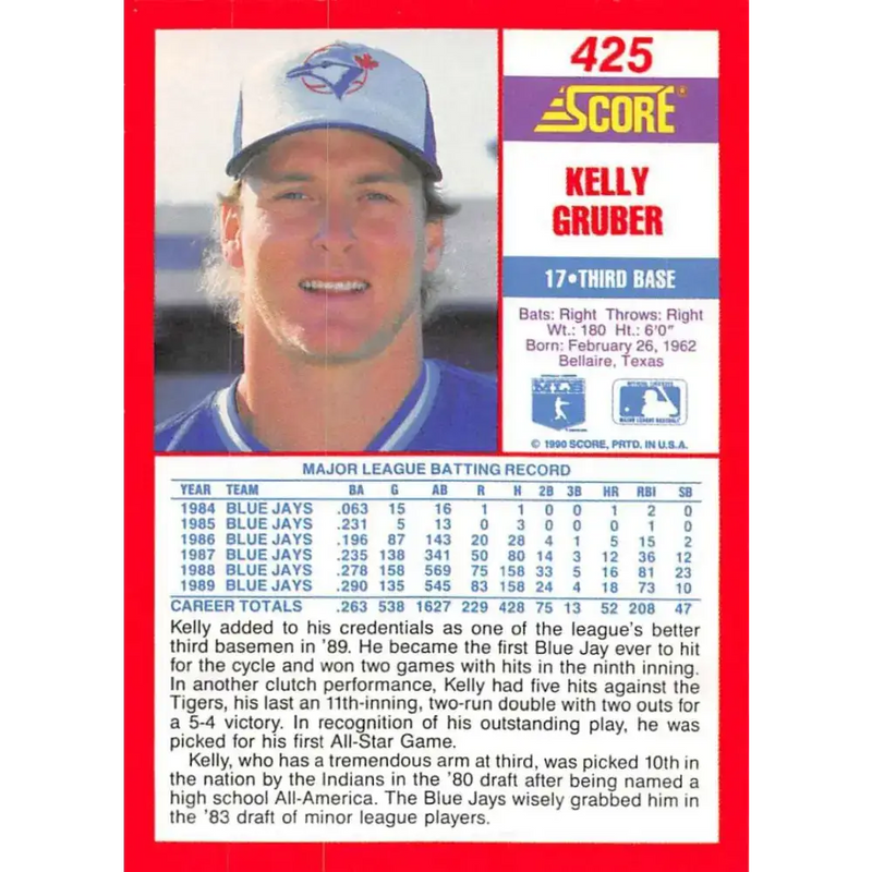 1990 Score #425 Kelly Gruber NM-MT Toronto Blue Jays Baseball Card - Baseball Card Single