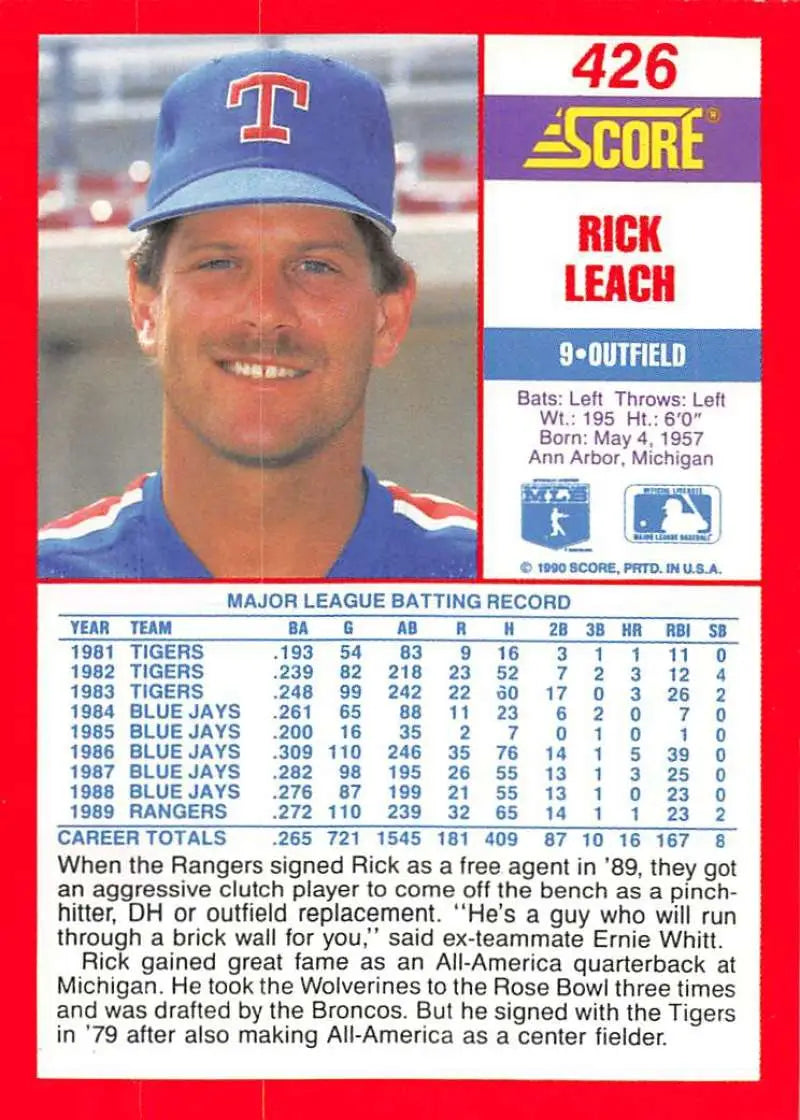 1990 Score #426 Rick Leach EX Excellent Texas Rangers Baseball Card - Baseball Card Single