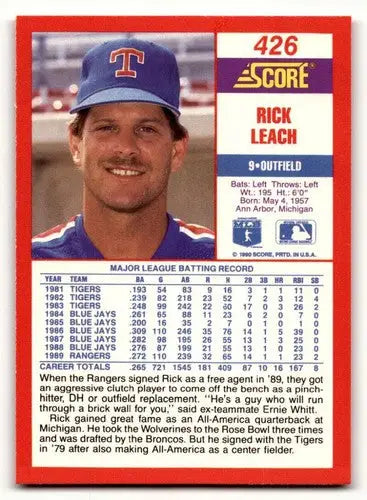 Original gloss of Rick Leach baseball card from 1990 Score #426 featuring Rick Leach