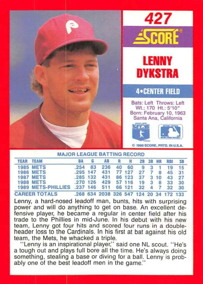 1990 Score #427 Lenny Dykstra EX Excellent Philadelphia Phillies Baseball Card - Baseball Card Single