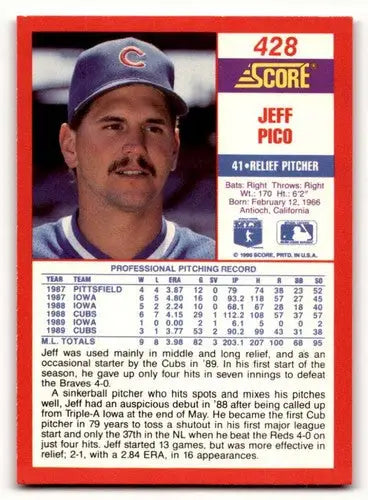 Original gloss Jeff Pico baseball card from 1990 Score #428 featuring Simply Sandoval
