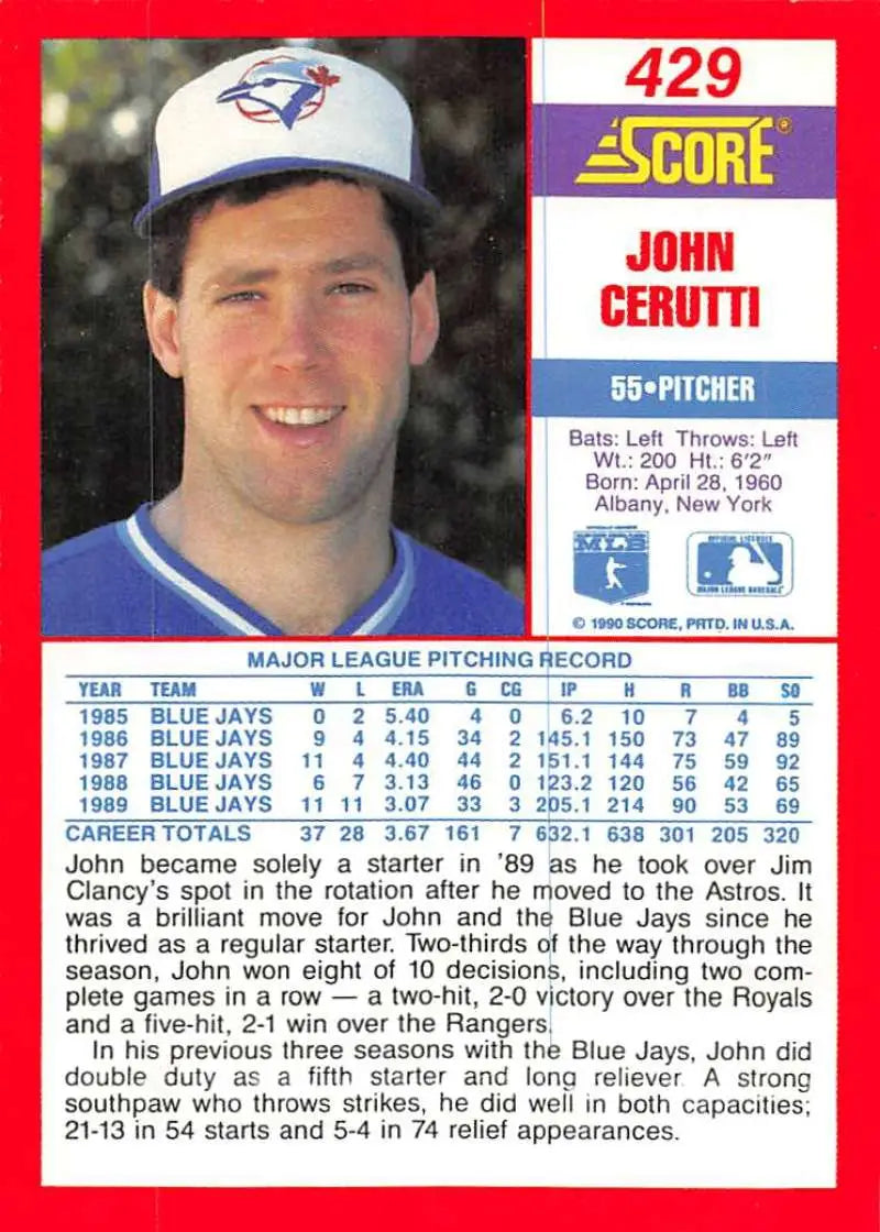 1990 Score #429 John Cerutti EX Excellent Toronto Blue Jays Baseball Card - Baseball Card Single