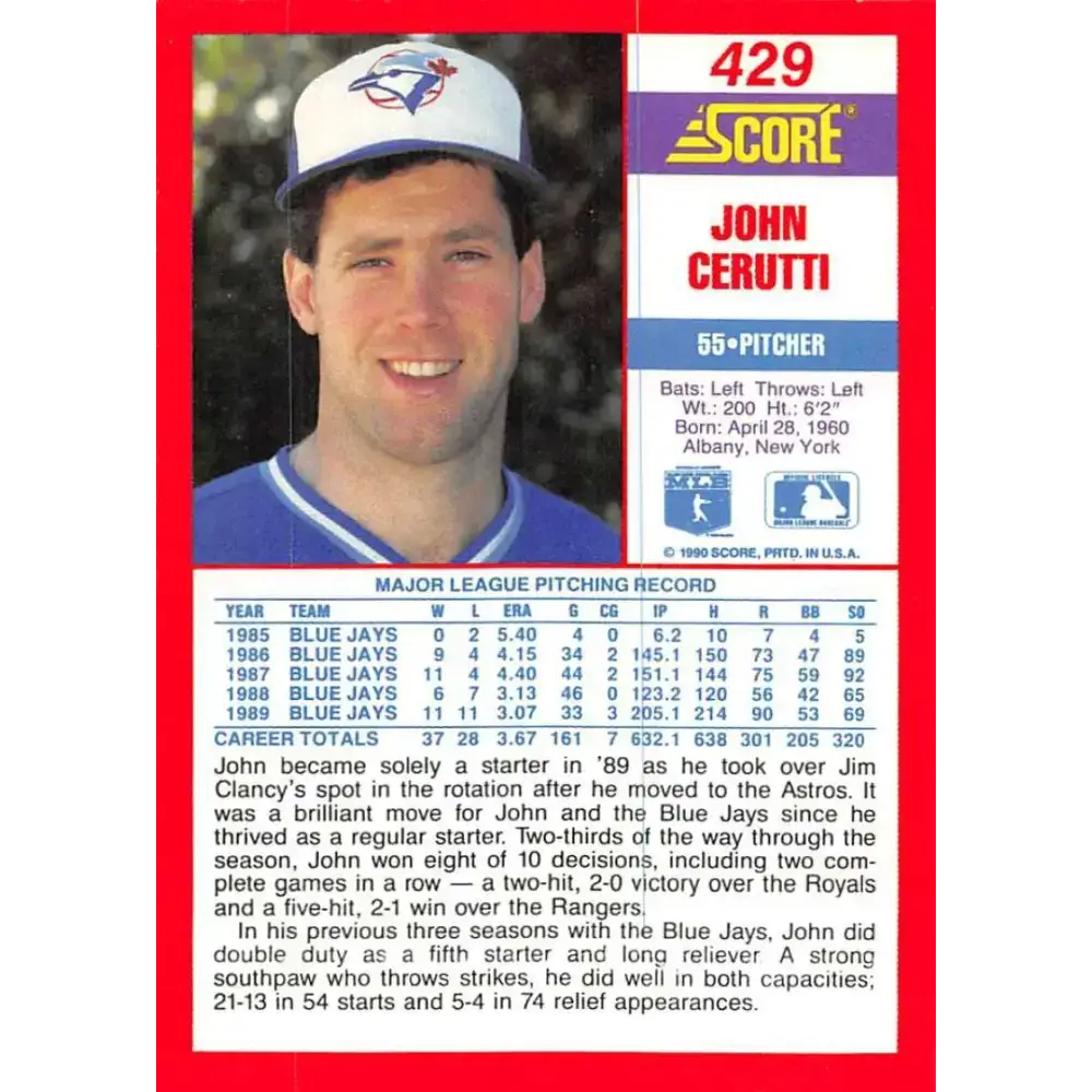 1990 Score #429 John Cerutti NM-MT Toronto Blue Jays Baseball Card - Baseball Card Single