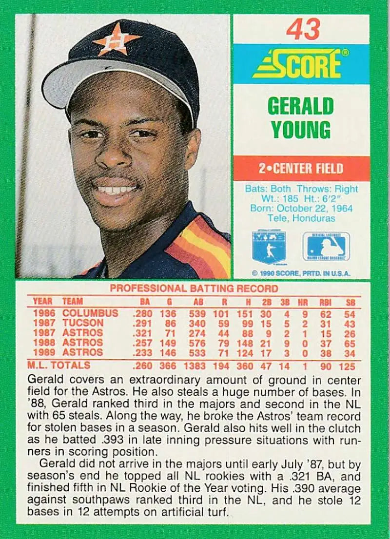 1990 Score #43 Gerald Young EX Excellent Houston Astros Baseball Card - Baseball Card Single