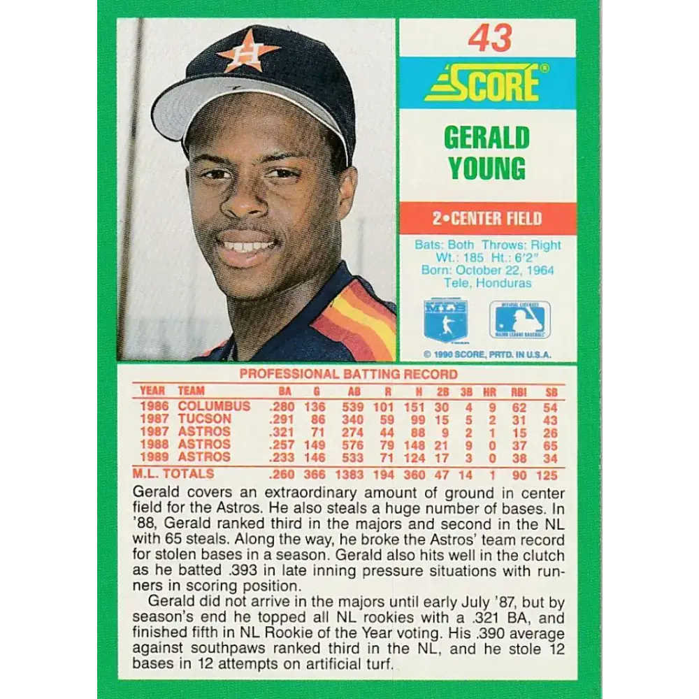 1990 Score #43 Gerald Young NM-MT Houston Astros Baseball Card - Baseball Card Single