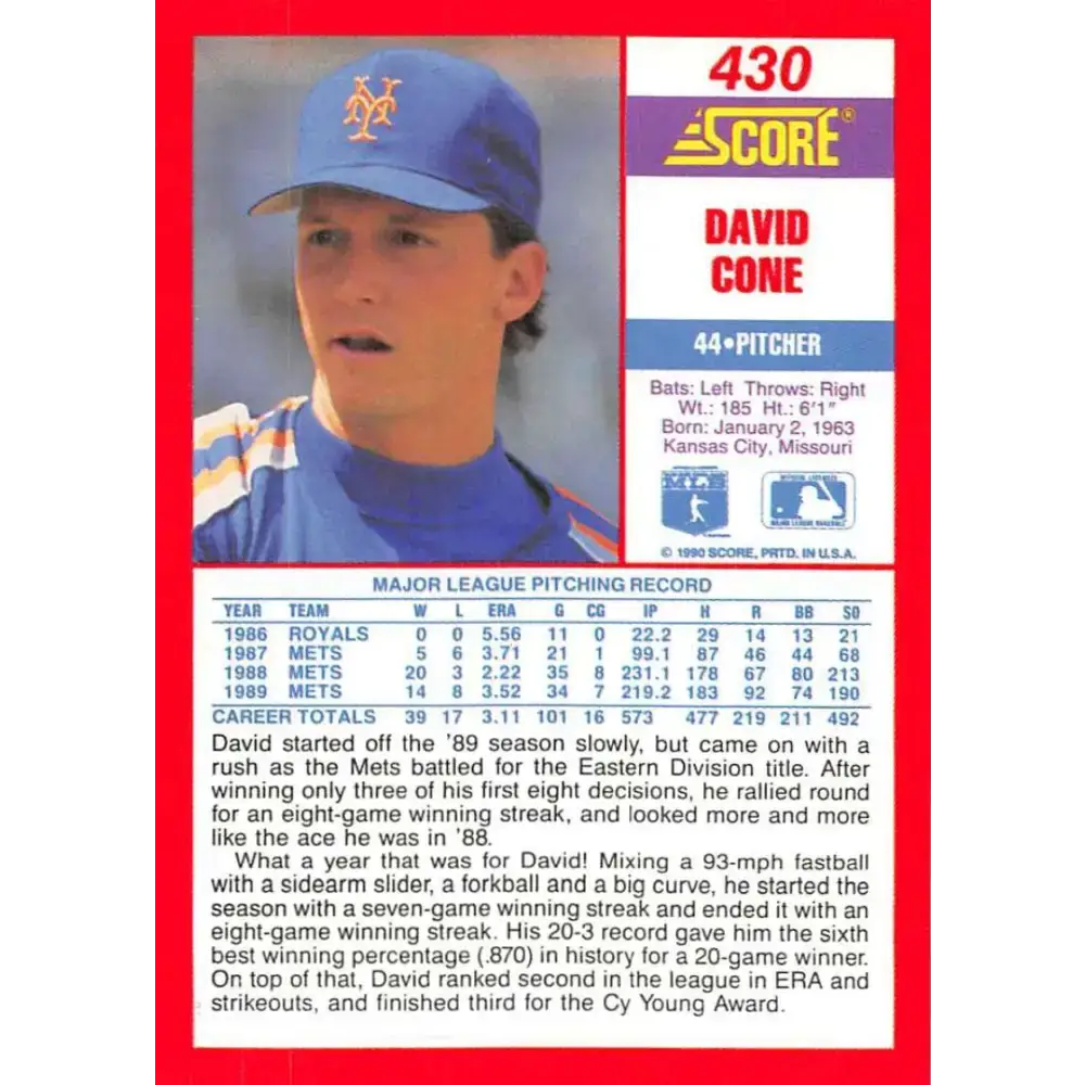 1990 Score #430 David Cone NM-MT New York Mets Baseball Card - Baseball Card Single