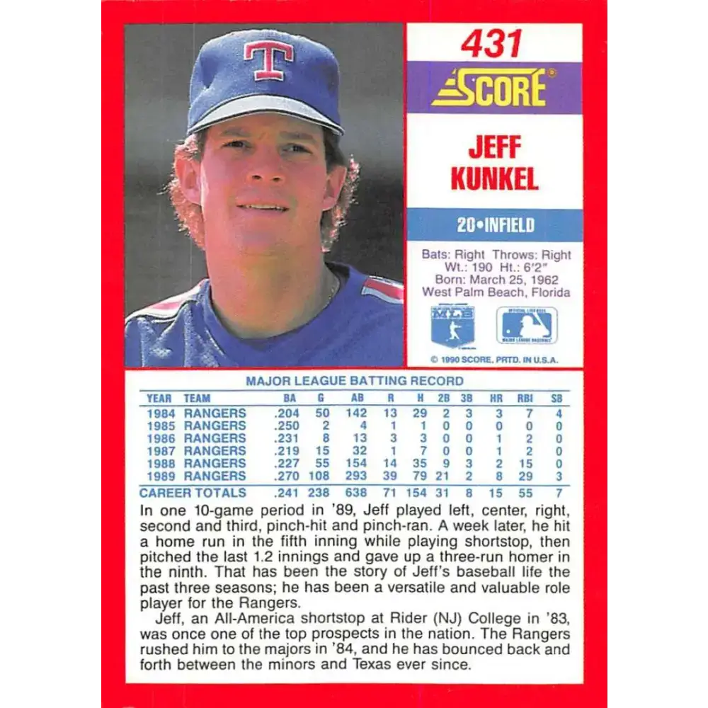 1990 Score #431 Jeff Kunkel NM-MT Texas Rangers Baseball Card - Baseball Card Single