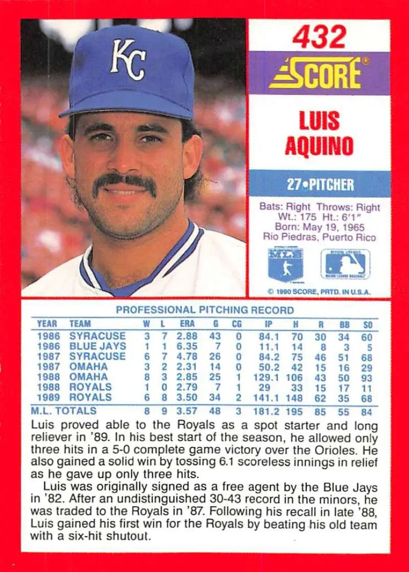 1990 Score #432 Luis Aquino EX Excellent Kansas City Royals Baseball Card - Baseball Card Single