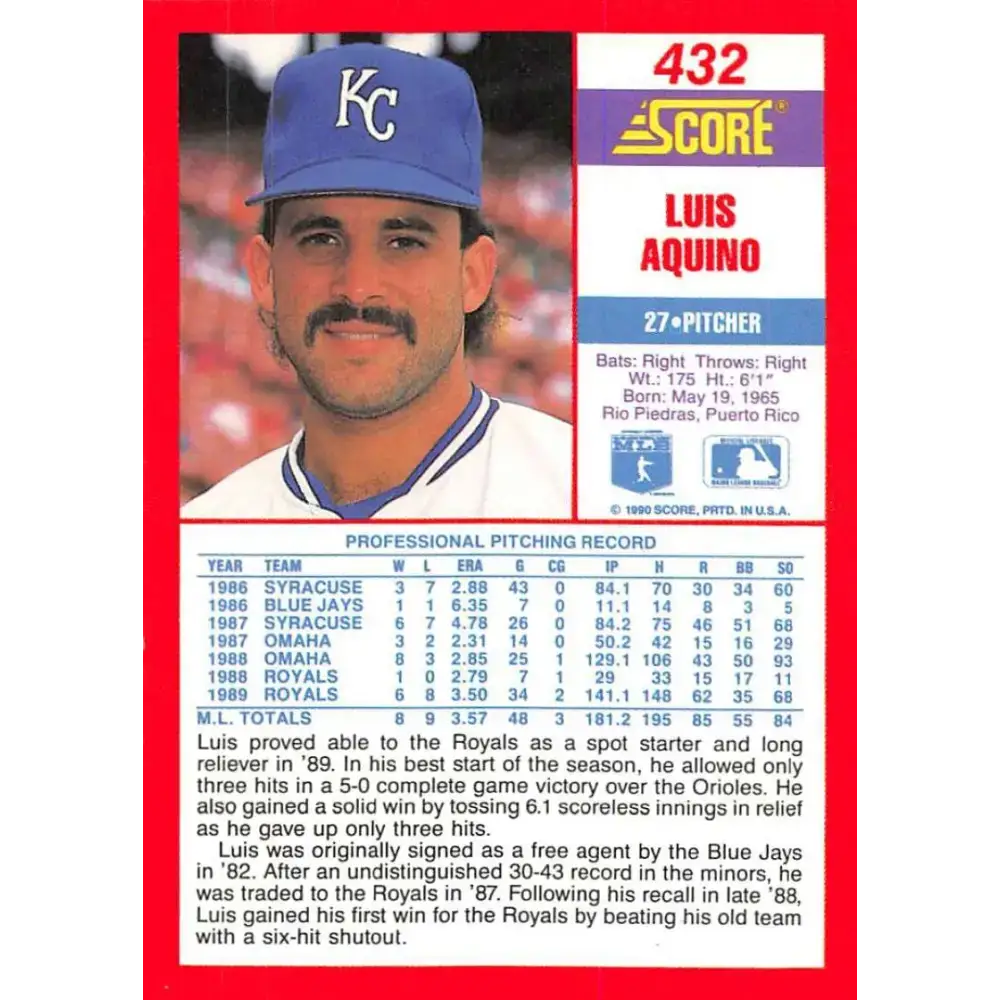 1990 Score #432 Luis Aquino NM-MT Kansas City Royals Baseball Card - Baseball Card Single