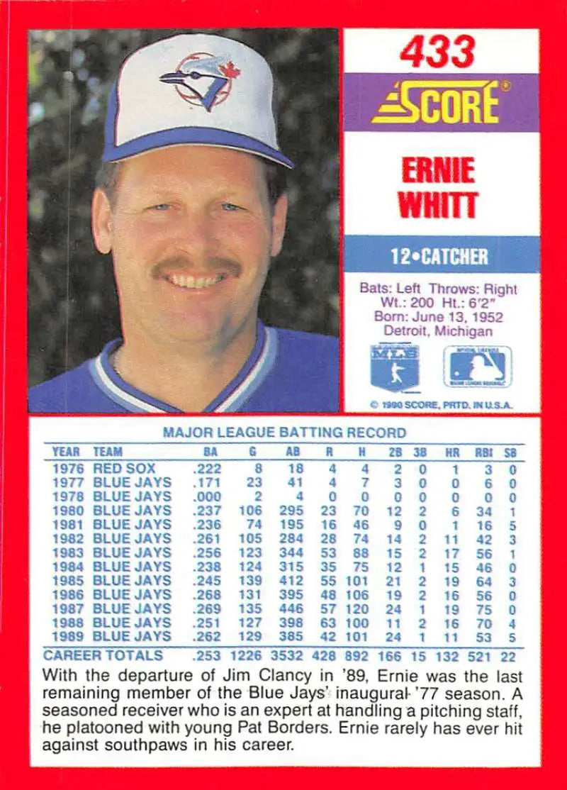 1990 Score #433 Ernie Whitt EX Excellent Toronto Blue Jays Baseball Card - Baseball Card Single