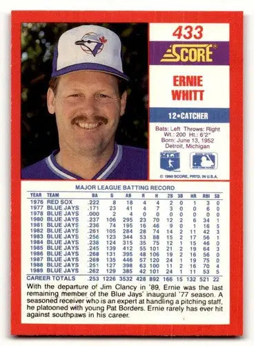 Original gloss Ernie Whitt baseball card from 1990 Score #433 featuring Simply Sandoval