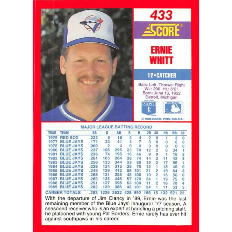 1990 Score #433 Ernie Whitt NM-MT Toronto Blue Jays Baseball Card - Baseball Card Single