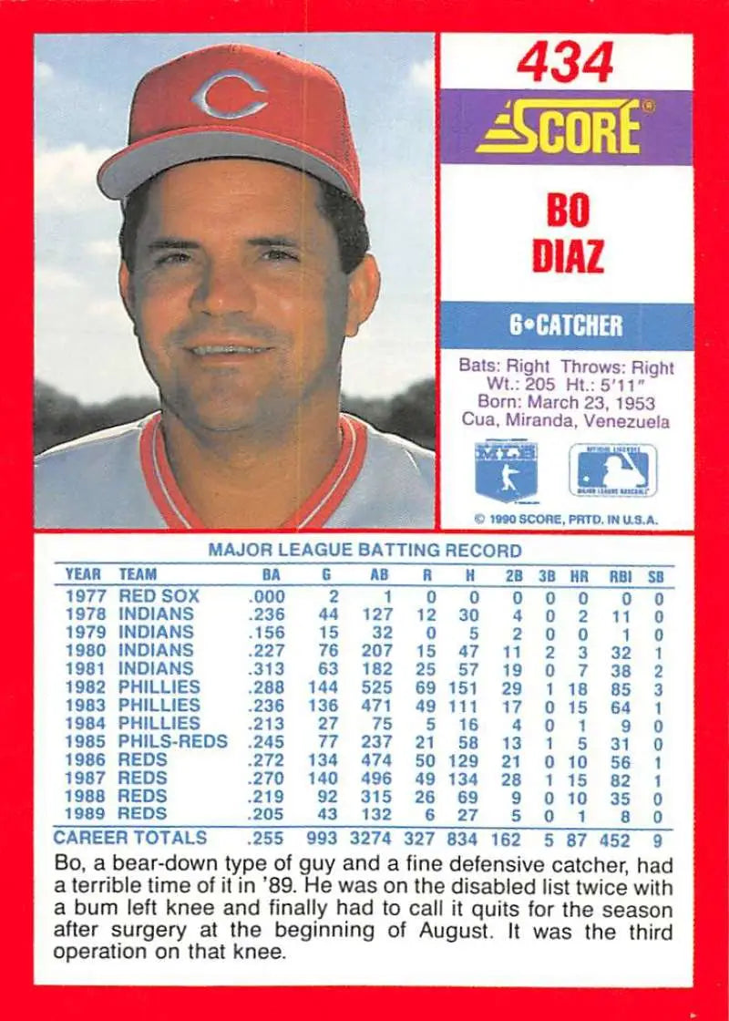 1990 Score #434 Bo Diaz EX Excellent Cincinnati Reds Baseball Card - Baseball Card Single