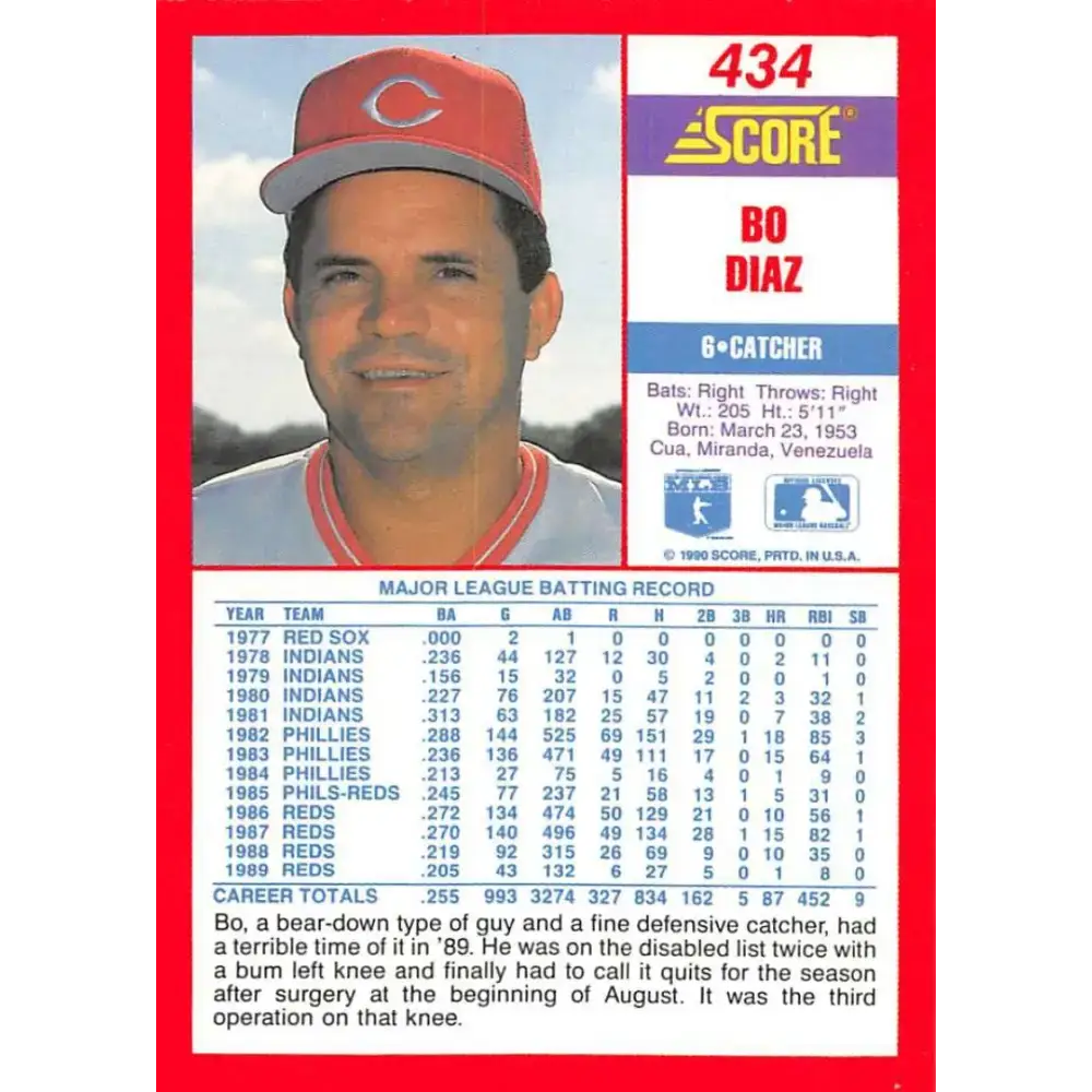 1990 Score #434 Bo Diaz NM-MT Cincinnati Reds Baseball Card - Baseball Card Single