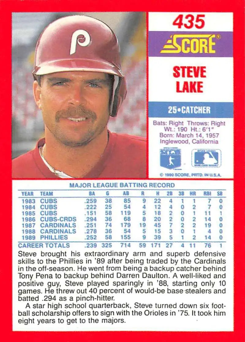 1990 Score #435 Steve Lake EX Excellent Philadelphia Phillies Baseball Card - Baseball Card Single