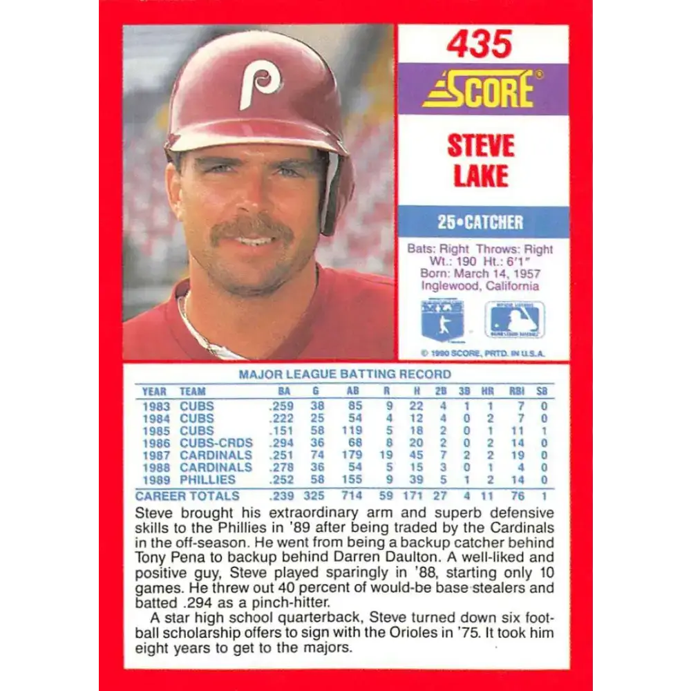 1990 Score #435 Steve Lake NM-MT Philadelphia Phillies Baseball Card - Baseball Card Single