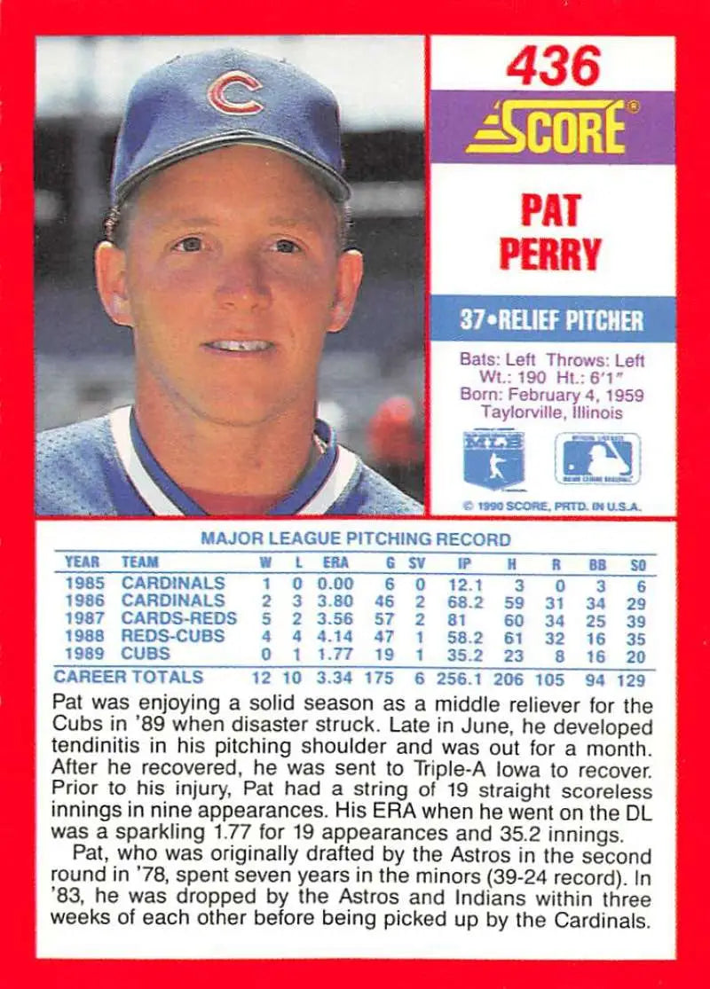1990 Score #436 Pat Perry EX Excellent Chicago Cubs Baseball Card - Baseball Card Single