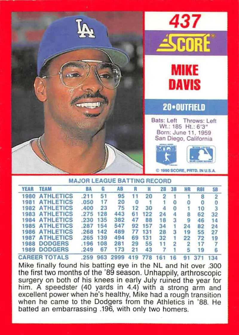 1990 Score #437 Mike Davis EX Excellent Los Angeles Dodgers Baseball Card - Baseball Card Single