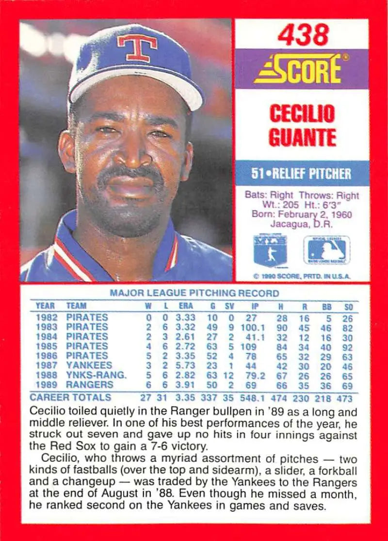 1990 Score #438 Cecilio Guante EX Excellent Texas Rangers Baseball Card - Baseball Card Single