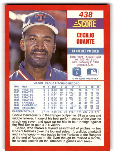 Original gloss Cecilio Guante baseball card 1990 Score NM-MT Rangers ID:70034