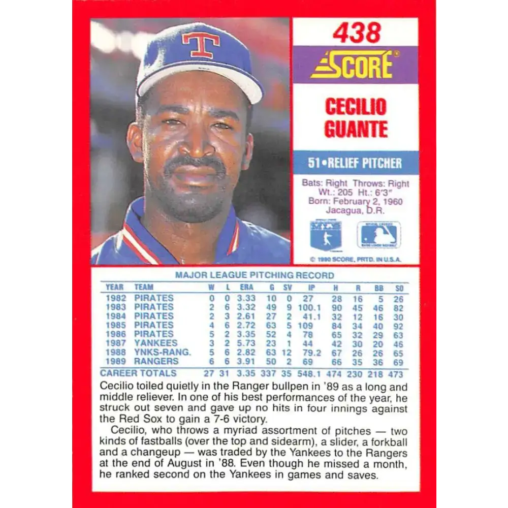 1990 Score #438 Cecilio Guante NM-MT Texas Rangers Baseball Card - Baseball Card Single