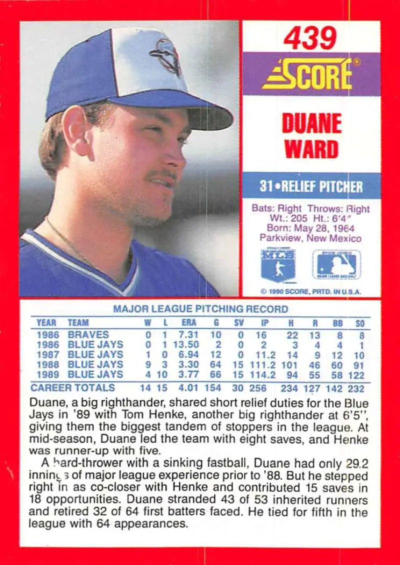 1990 Score #439 Duane Ward EX Excellent Toronto Blue Jays Baseball Card - Baseball Card Single
