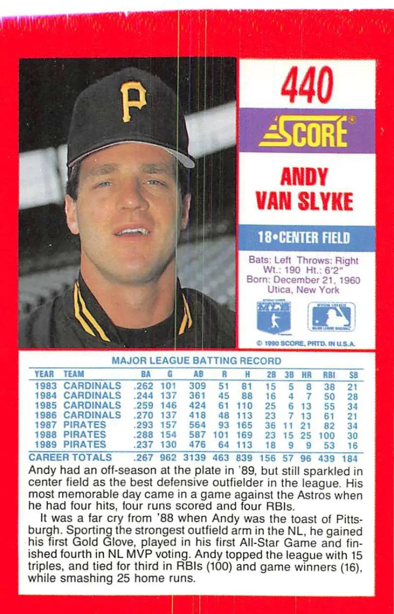 1990 Score #440 Andy Van Slyke EX Excellent Pittsburgh Pirates Baseball Card - Baseball Card Single