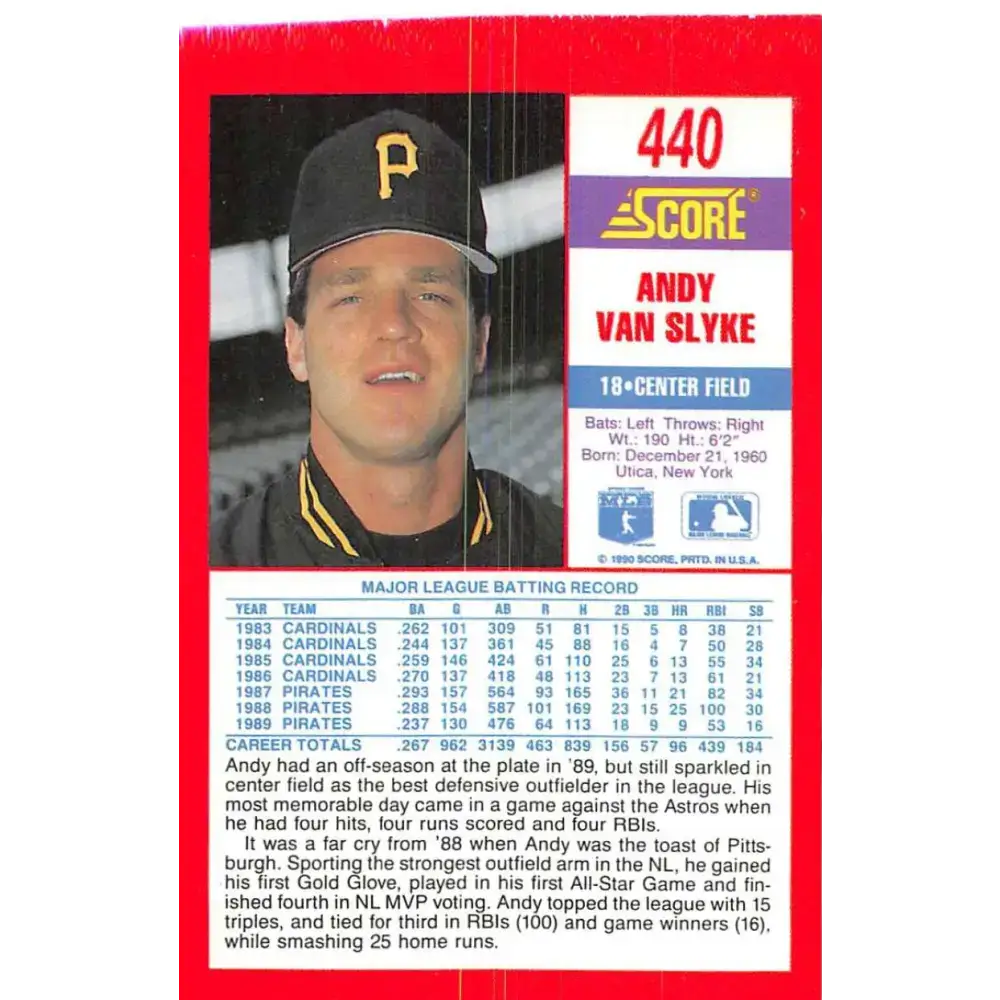 1990 Score #440 Andy Van Slyke NM-MT Pittsburgh Pirates Baseball Card - Baseball Card Single
