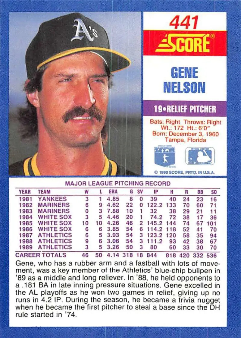 1990 Score #441 Gene Nelson EX Excellent Oakland Athletics Baseball Card - Baseball Card Single