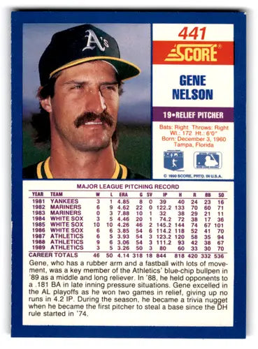 Gene Nelson baseball card with original gloss in NM-MT condition from 1990 Score