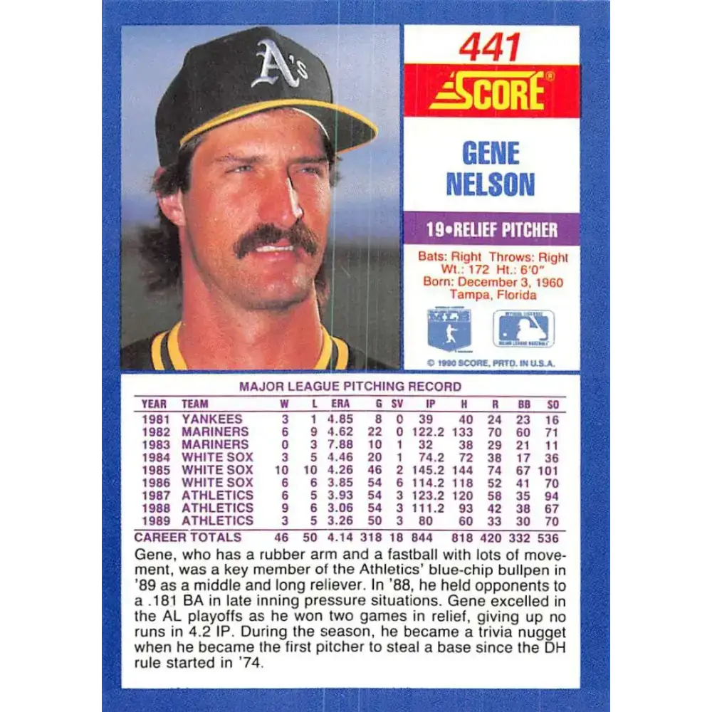 1990 Score #441 Gene Nelson NM-MT Oakland Athletics Baseball Card - Baseball Card Single