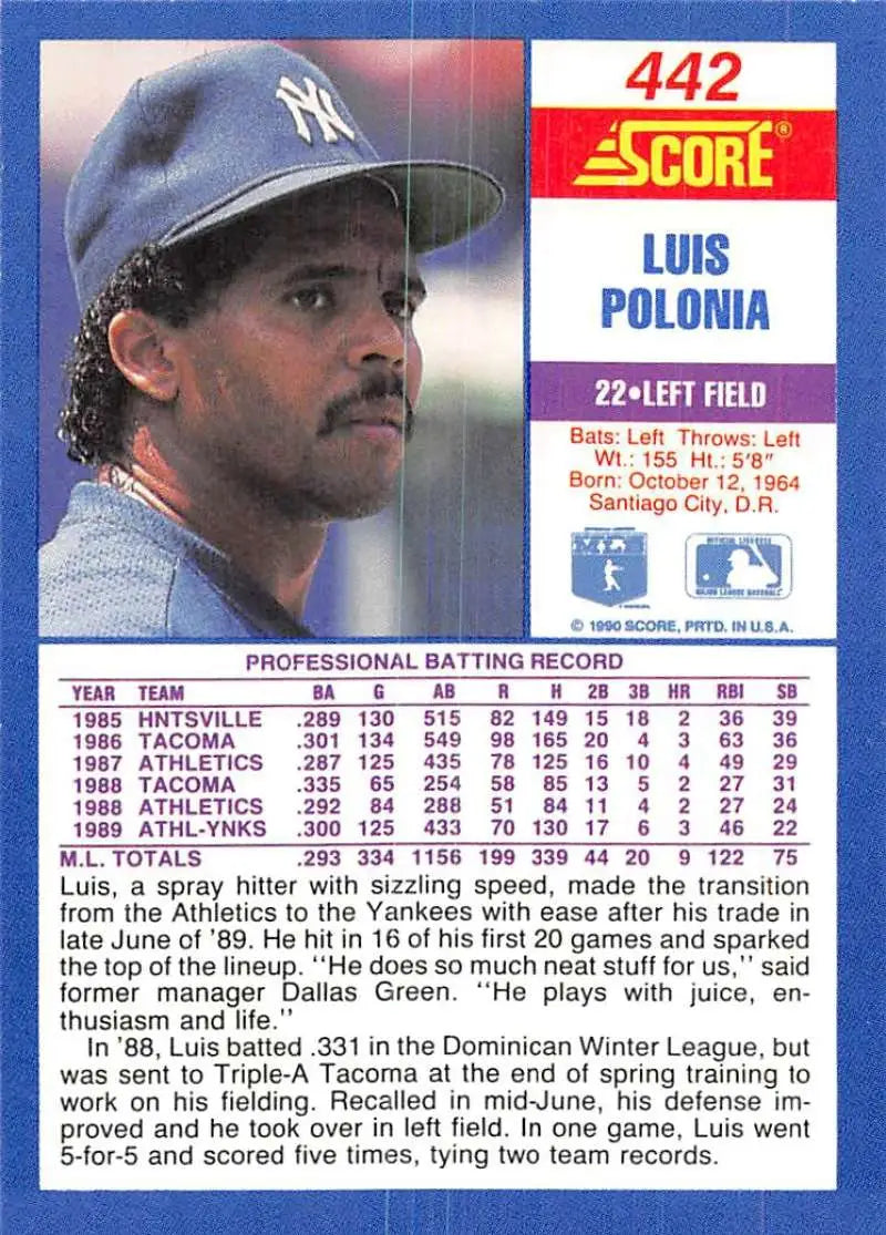 1990 Score #442 Luis Polonia EX Excellent New York Yankees Baseball Card - Baseball Card Single