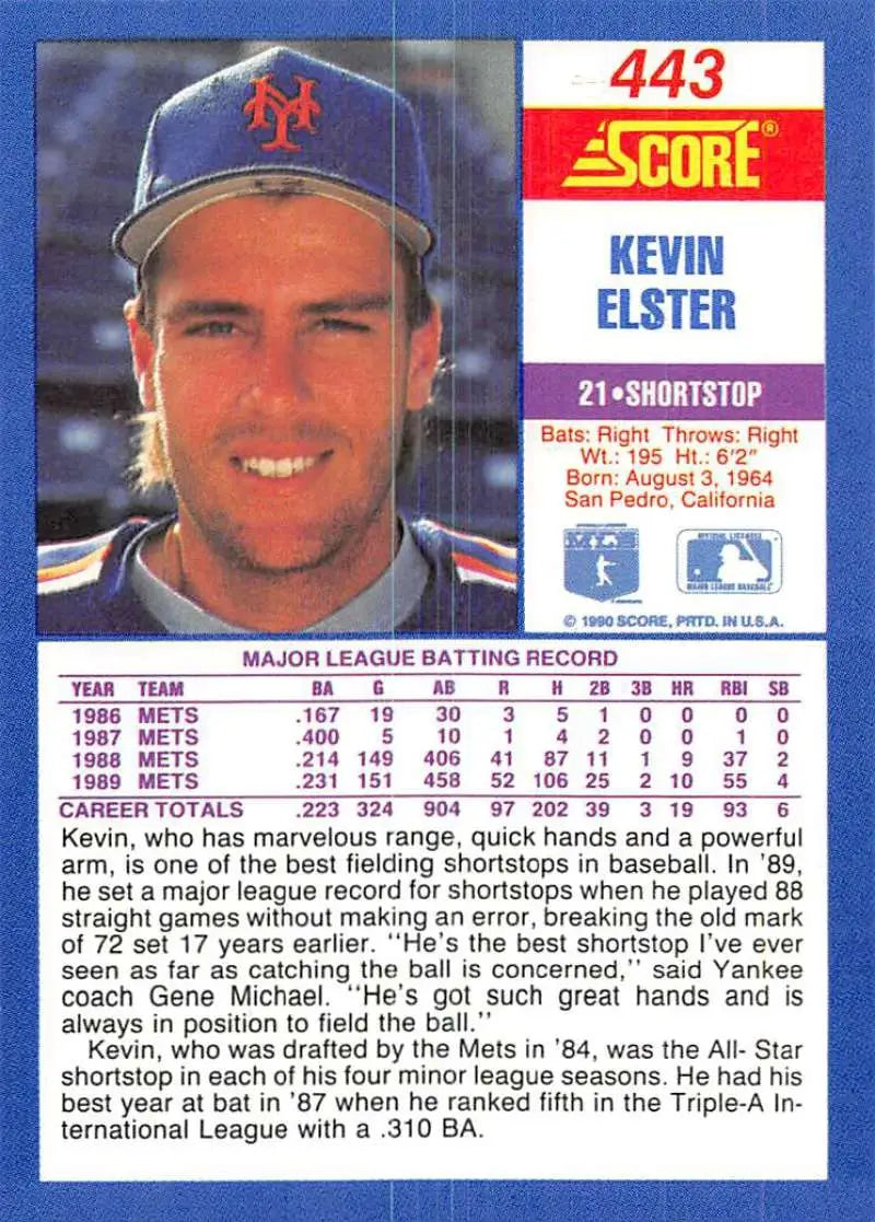1990 Score #443 Kevin Elster EX Excellent New York Mets Baseball Card - Baseball Card Single