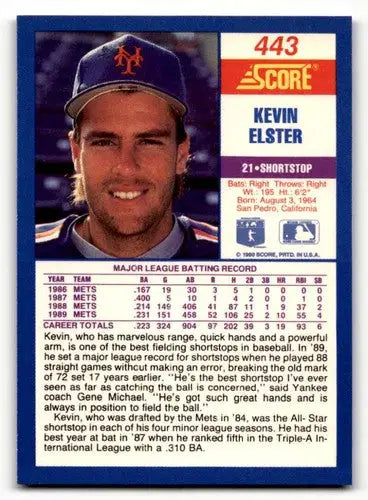 Kevin Elster baseball card with original gloss from 1990 Score #443 featuring Simply Sandoval