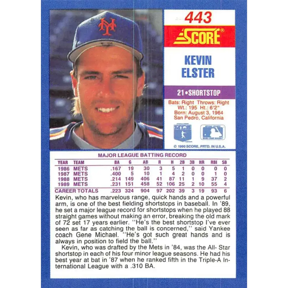 1990 Score #443 Kevin Elster NM-MT New York Mets Baseball Card - Baseball Card Single