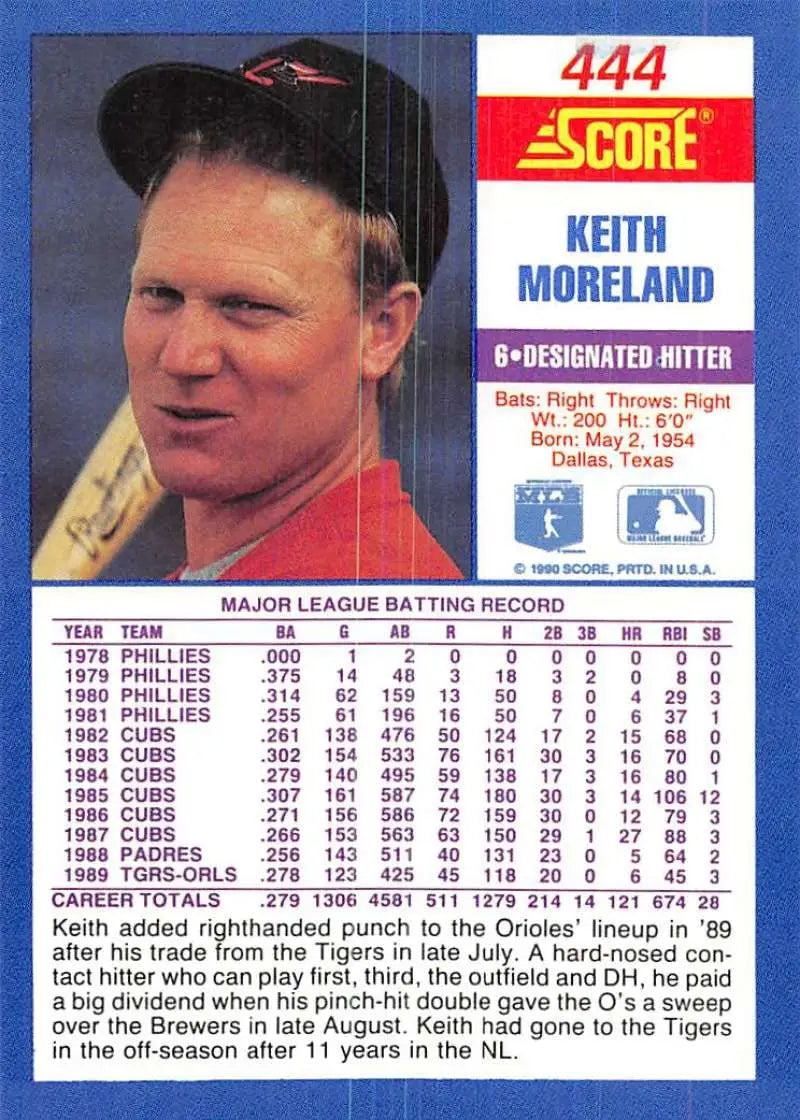 1990 Score #444 Keith Moreland EX Excellent Baltimore Orioles Baseball Card - Baseball Card Single