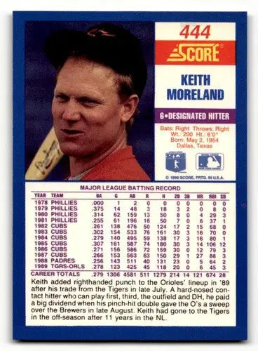Original gloss Keith Moreland baseball card from 1990 Score #444 featuring Simply Sandoval