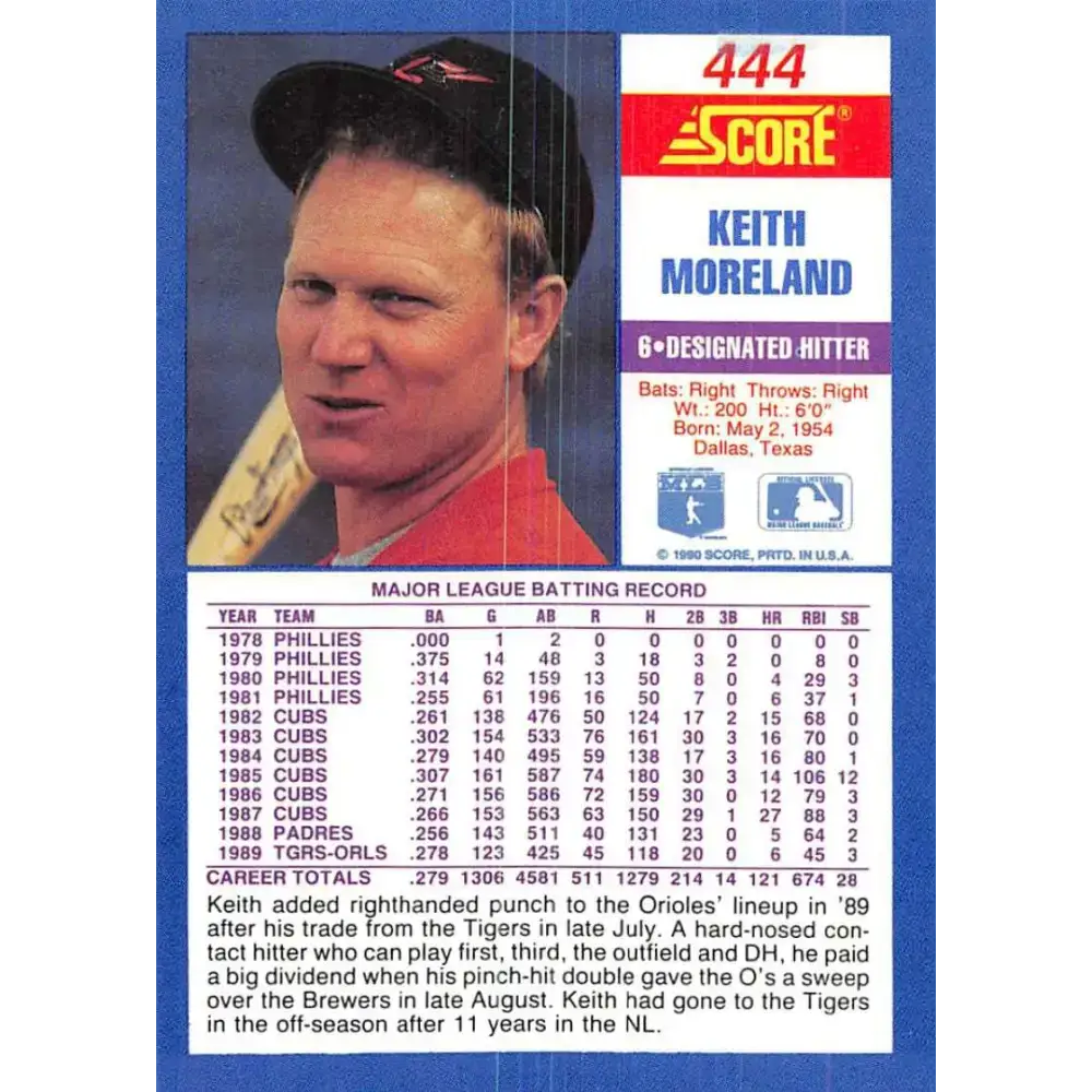 1990 Score #444 Keith Moreland NM-MT Baltimore Orioles Baseball Card - Baseball Card Single