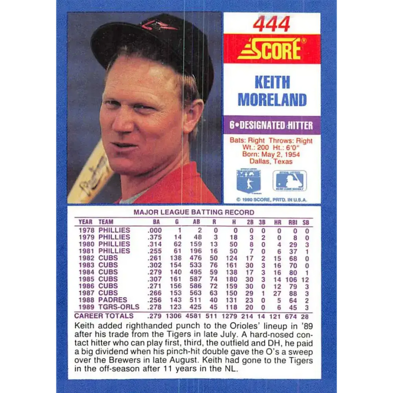 1990 Score #444 Keith Moreland NM-MT Baltimore Orioles Baseball Card - Baseball Card Single