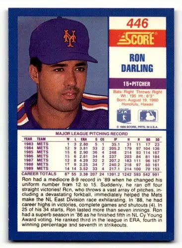Original gloss Ron Darling baseball card from 1990 Score #446 featuring Simply Sandoval