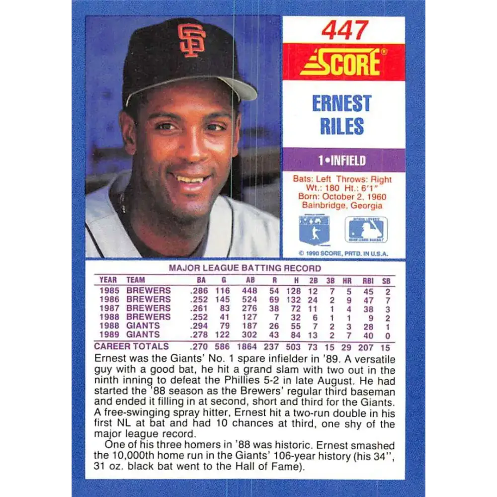 1990 Score #447 Ernest Riles NM-MT San Francisco Giants Baseball Card - Baseball Card Single