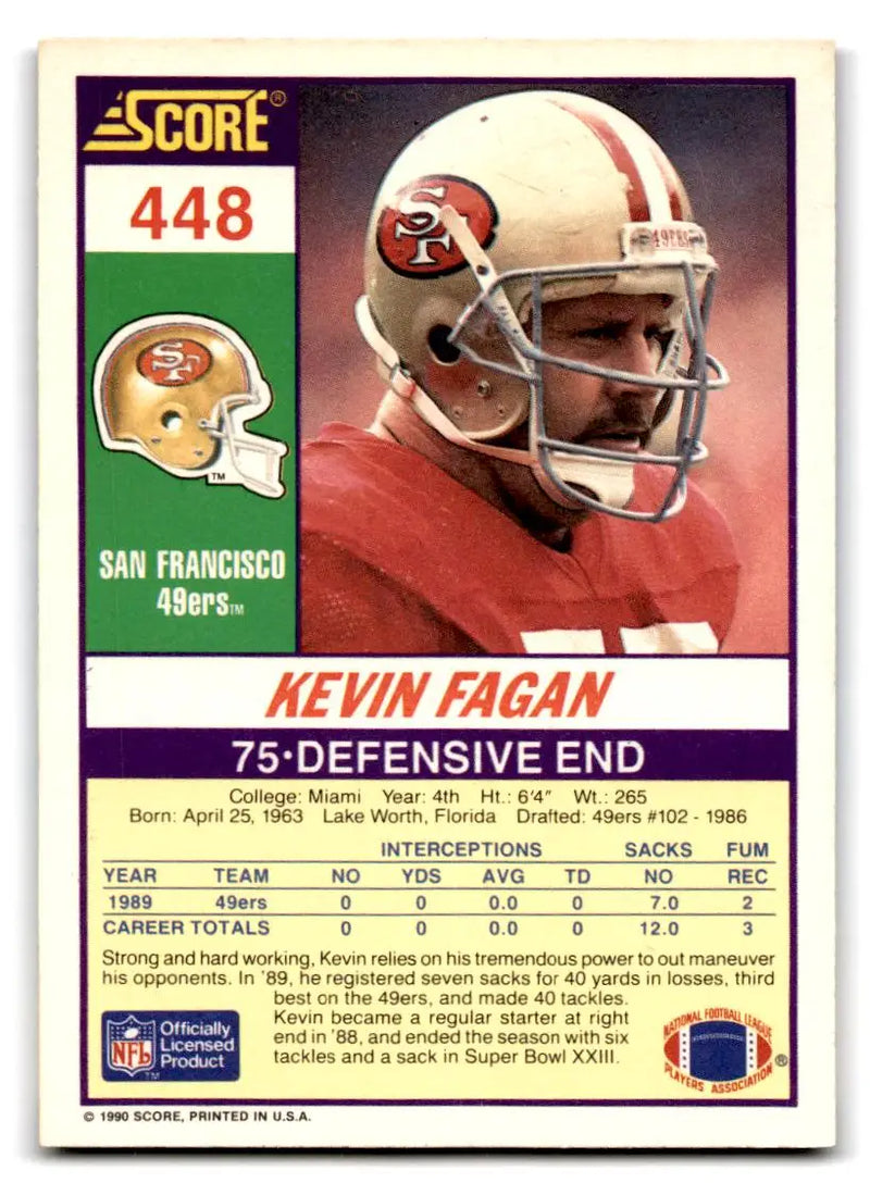 1990 Score #448 Kevin Fagan - Football Card Single