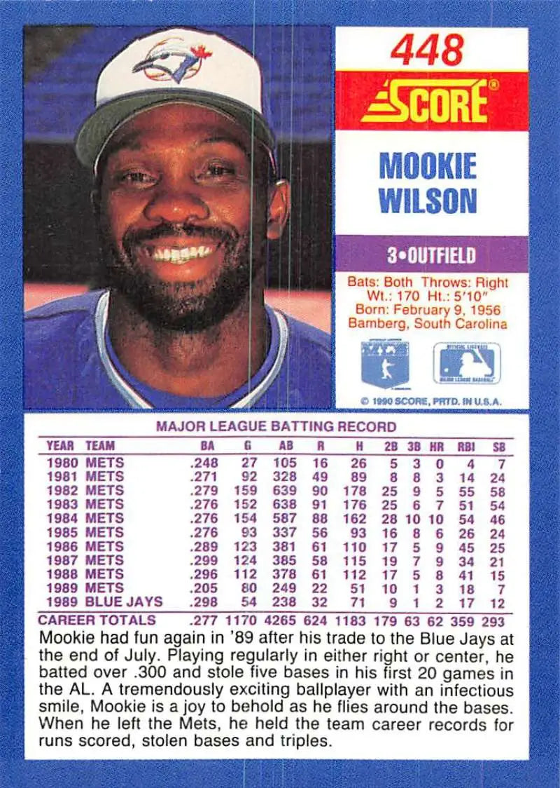 1990 Score #448 Mookie Wilson EX Excellent Toronto Blue Jays Baseball Card - Baseball Card Single