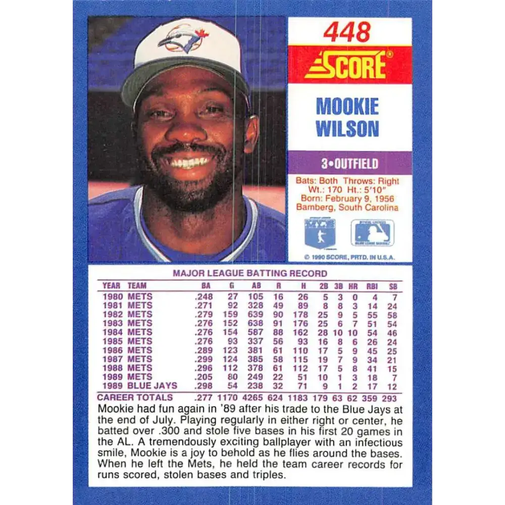 1990 Score #448 Mookie Wilson NM-MT Toronto Blue Jays Baseball Card - Baseball Card Single
