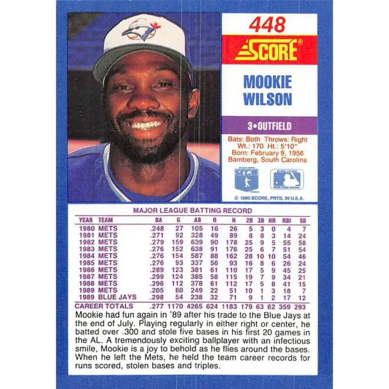 1990 Score #448 Mookie Wilson NM-MT Toronto Blue Jays Baseball Card - Baseball Card Single