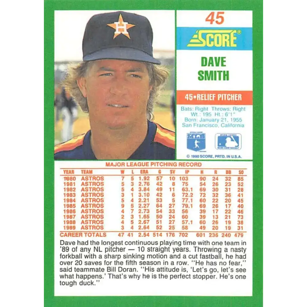 1990 Score #45 Dave Smith NM-MT Houston Astros Baseball Card - Baseball Card Single