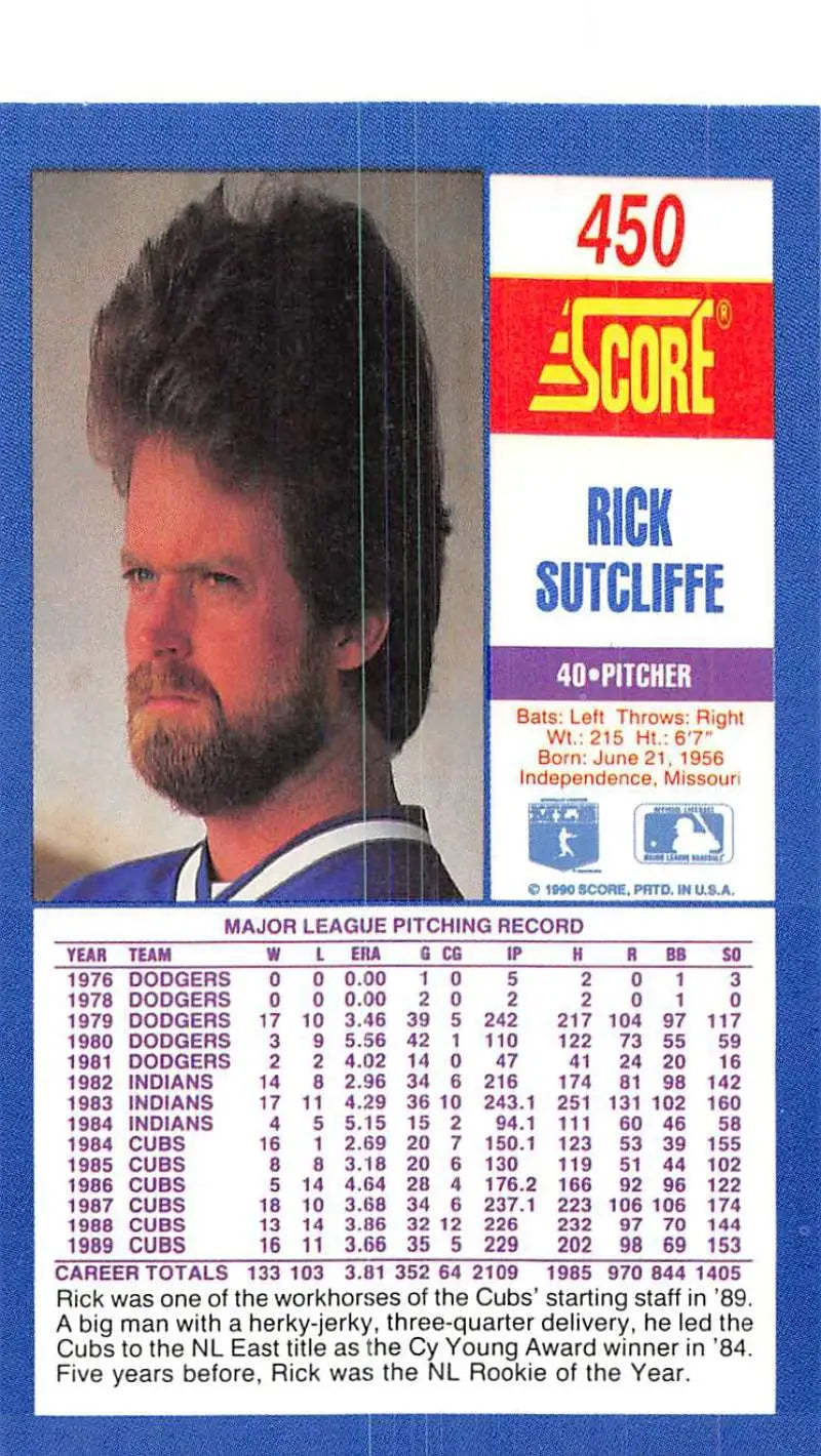 1990 Score #450 Rick Sutcliffe EX Excellent Chicago Cubs Baseball Card - Baseball Card Single