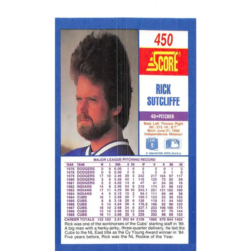1990 Score #450 Rick Sutcliffe NM-MT Chicago Cubs Baseball Card - Baseball Card Single